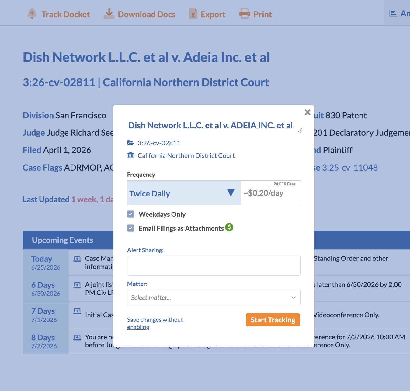 Setting a docket tracking alert: choose a check frequency (twice daily) and click Start Tracking