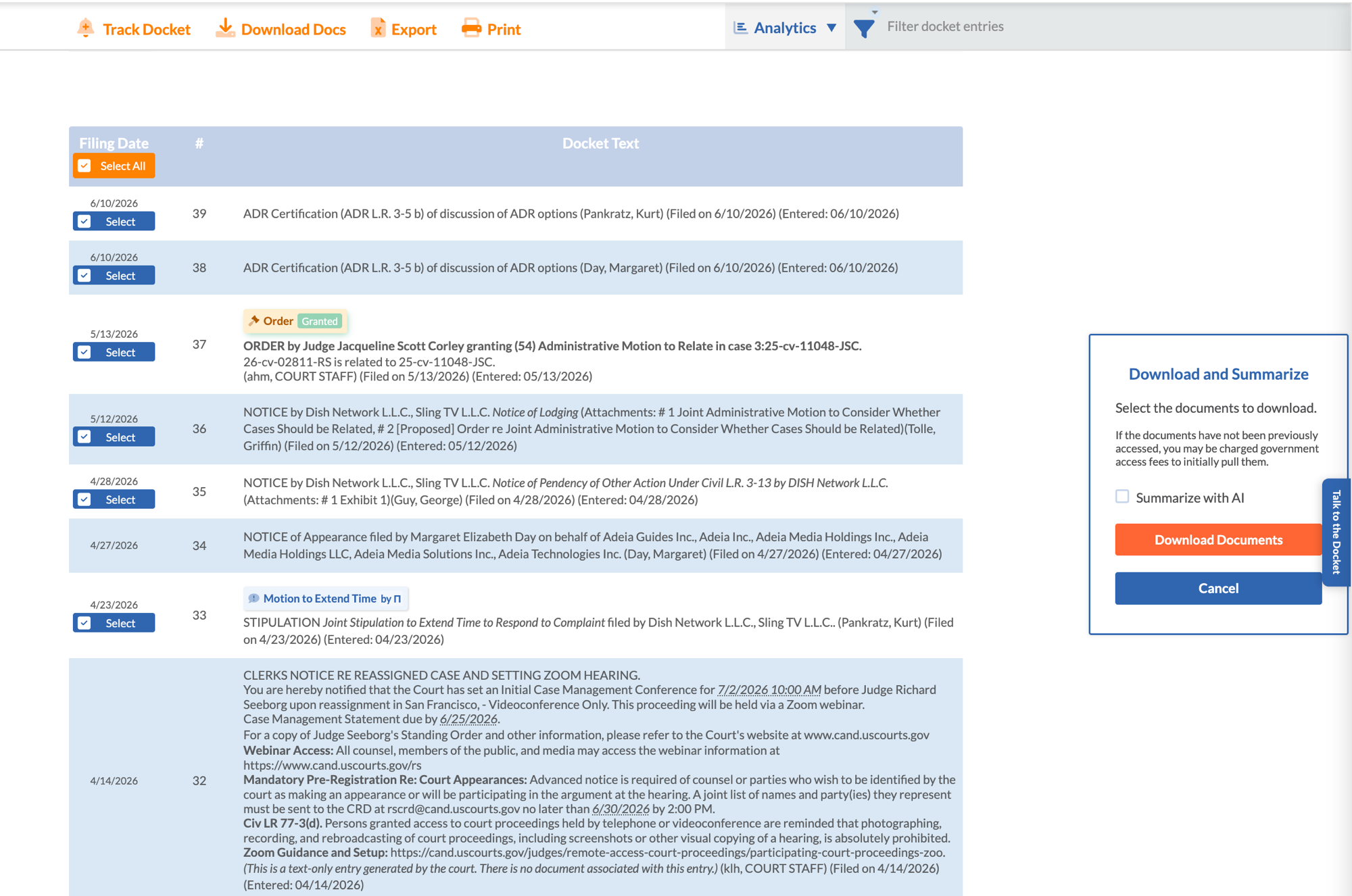 Selecting docket entries and bulk downloading the documents, with an option to summarize with AI