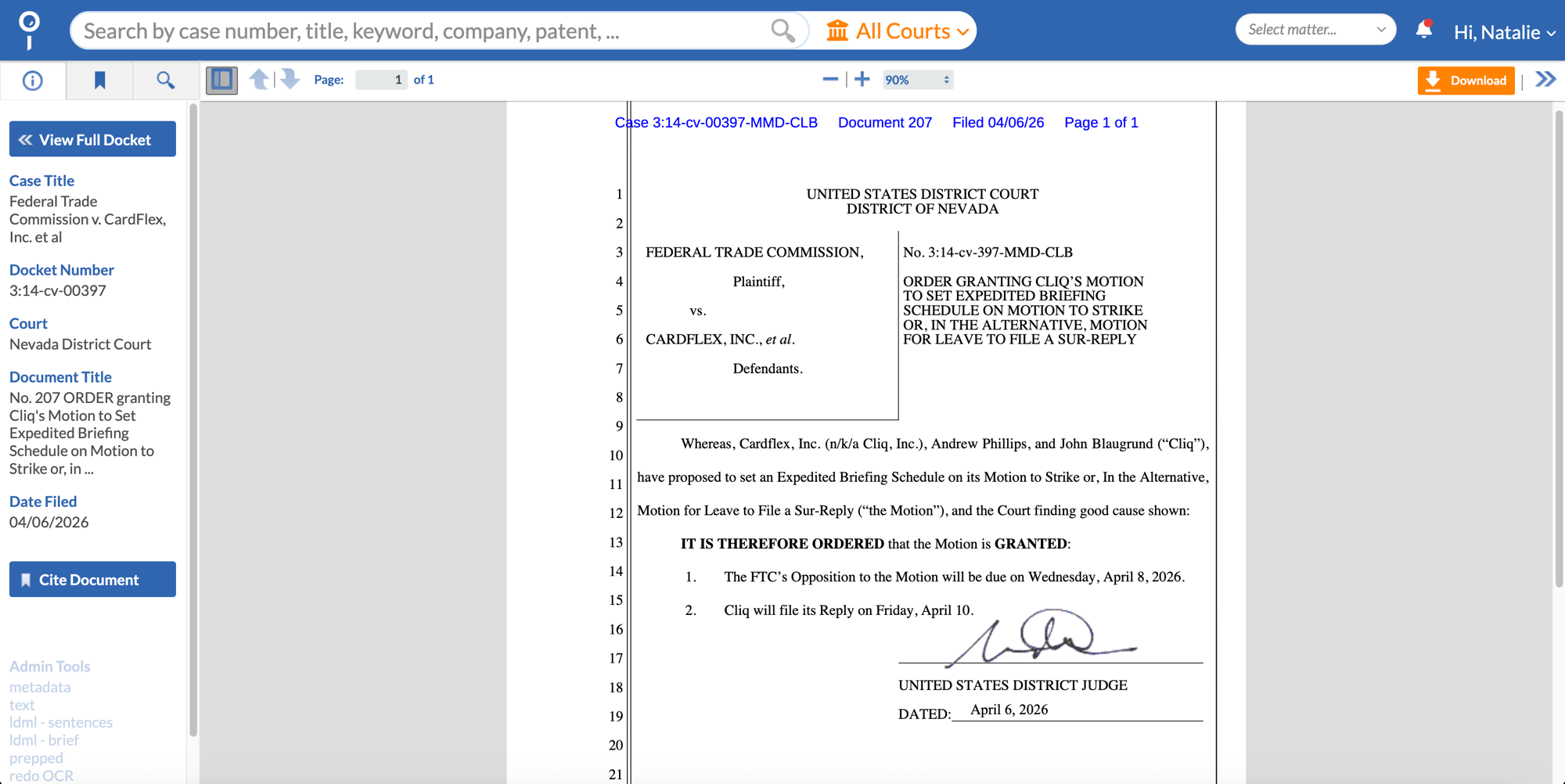 Docket Alarm document viewer showing a court order (FTC v. CardFlex) with the full filing text, case title, docket number, court, document title, and date filed in the sidebar
