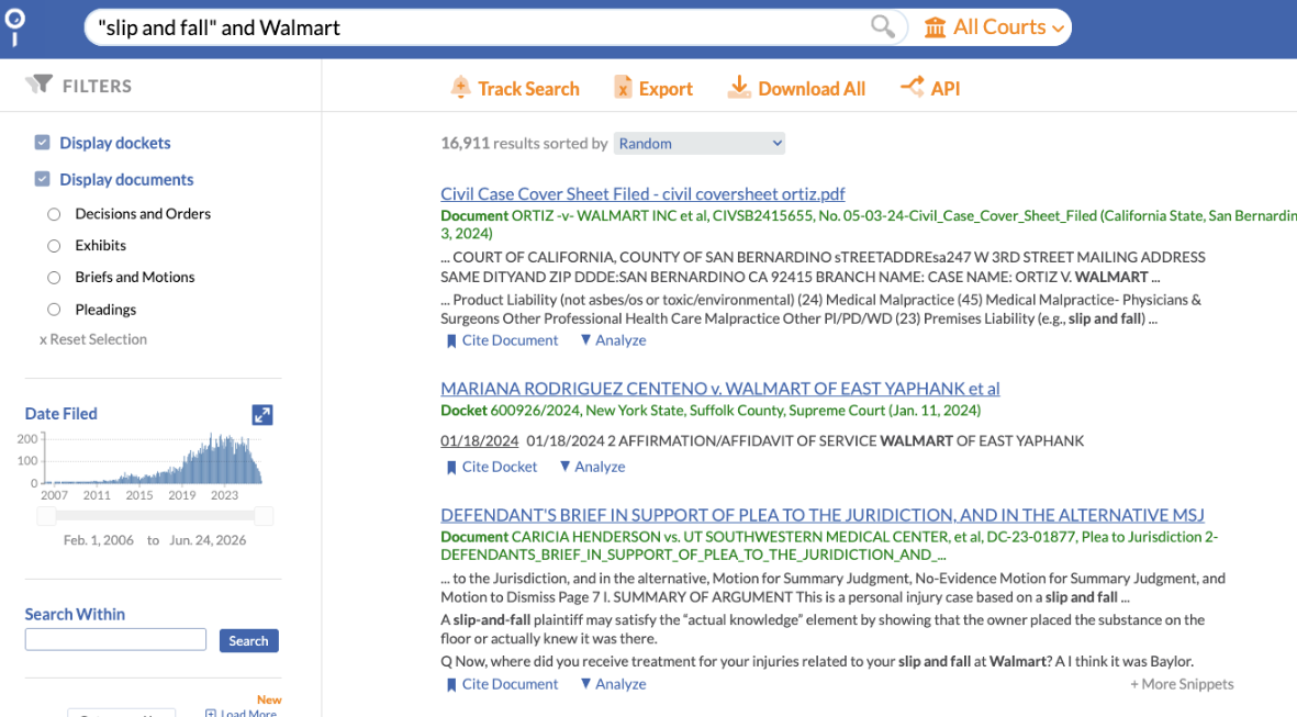 Docket Alarm full-text search results for a query across dockets and documents, with filters for courts, document types, and date filed